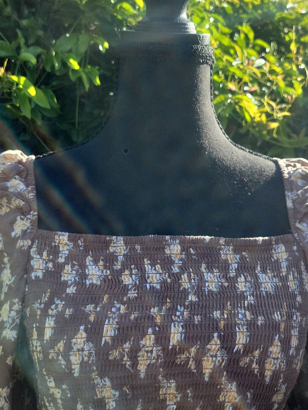 Brown Floral 100% Cotton Puff Sleeve Stretchy Boho Blouse L - Picture 14 of 14